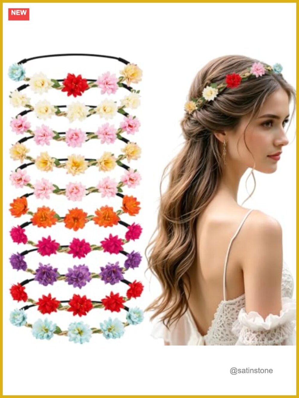 10PCS Boho Fabric Flower Crown Headbands Elastic Fit Women Girls Bridal Party